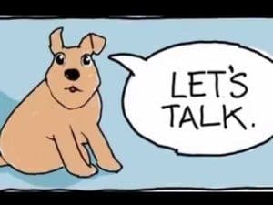 Cartoon dog with speech bubble saying "Let's Talk."
