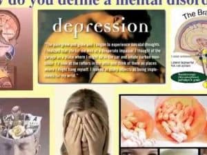 Collage illustrating depression symptoms, including suicidal thoughts and brain anatomy. "Depression" text prominent.