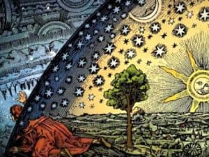 Medieval woodcut depicting the geocentric cosmos, showing Earth, sun, moon, stars, and a person reaching towards the celestial sphere. Ancient cosmos.