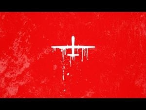 White silhouette of a drone dripping blood on a red background.