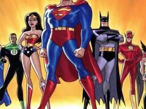 Superman, Batman, Wonder Woman, Green Lantern, and The Flash stand together, demonstrating extreme altruism.