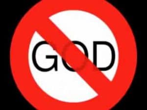 Red circle-and-slash sign over the word GOD. Morality in a godless world.