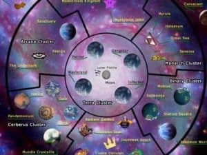Multiverse map: Arcana, Terra, Monarch, Binary Clusters, showcasing various worlds and locations.