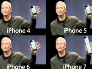Four images of Tim Cook holding iPhones 4, 5, 6, and 7. Innovation evolution.