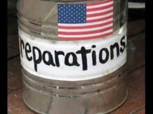 A metal can labeled "reparations" with a small American flag affixed.