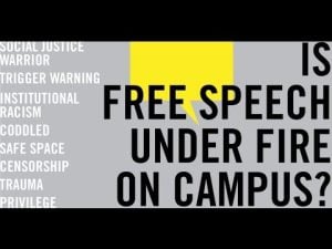 Is free speech under fire on campus? Graphic with related terms: social justice warrior, trigger warning, safe space.