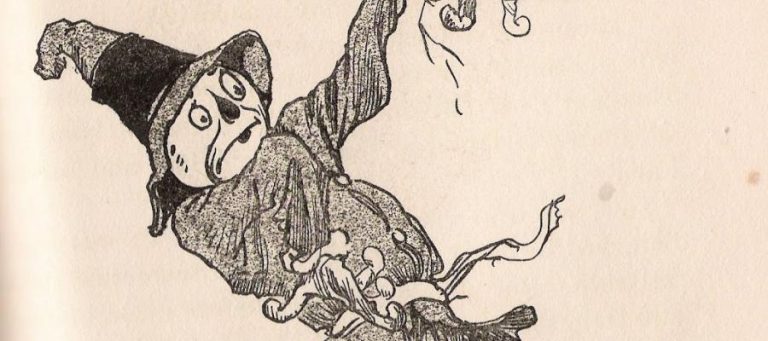 Distressed scarecrow figure, arms outstretched.