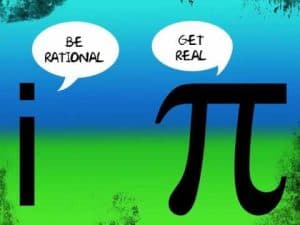 Illustration of 'i' and π; 'i' says 'Be rational,' π says 'Get real,' illustrating cognitive bias.