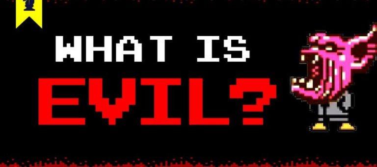 Pixel art depicting the question "What is Evil?" with a pink monster character.