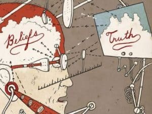 Abstract illustration: head labeled "Beliefs" connected to a screen labeled "Truth," exploring the relationship between personal beliefs and objective truth.