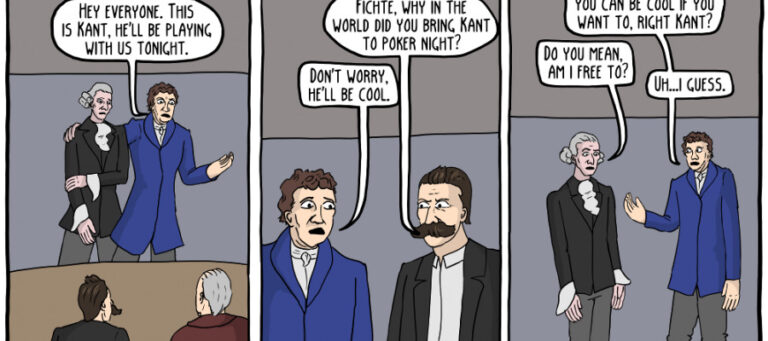 Comic strip depicting philosophers Kant and Fichte playing poker. "Get Out" themed.