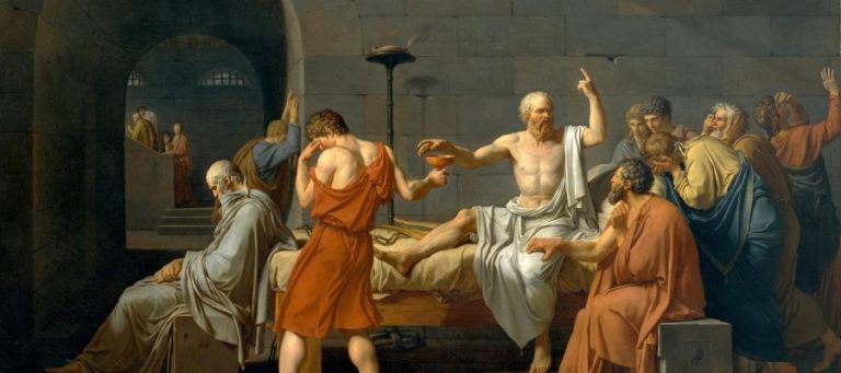 Jacques-Louis David's "The Death of Socrates," depicting Socrates drinking hemlock surrounded by grieving disciples.