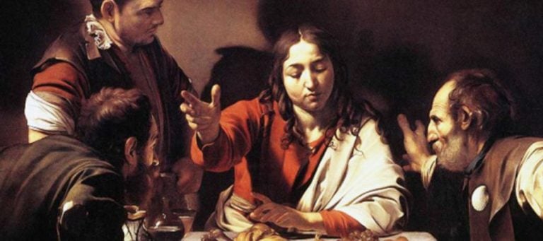 Caravaggio's painting, The Supper at Emmaus, depicts Christ revealing himself to two disciples.