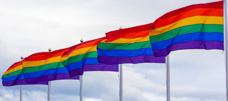Several rainbow pride flags waving in the wind.