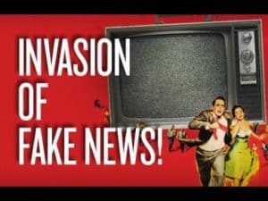 Vintage TV screen showing static; "Invasion of Fake News!" overlayed; people fleeing. Post-truth politics.
