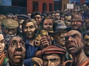 A crowd of working-class people, a world without work depicted.