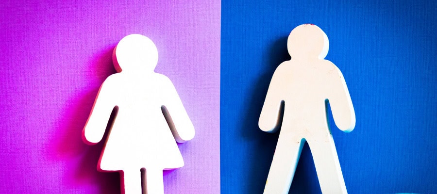 White cutout figures of a woman and man on purple and blue backgrounds. Future of work automation.