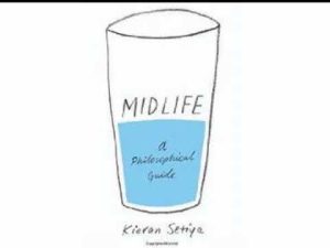 Illustration of a glass half-full of water with "Midlife: A Philosophical Guide" written on it.