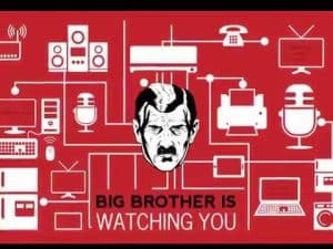 Illustration of interconnected devices and a face resembling Big Brother, with text: "Big Brother is Watching You." Internet of Things concept.