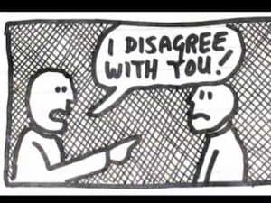 Cartoon of two people disagreeing; one says "I disagree with you!