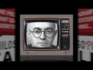 Black and white photo of Theodor Adorno on a vintage television screen. Culture Industry.