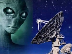 Alien face and radio telescope searching for extraterrestrial life. Are we alone?