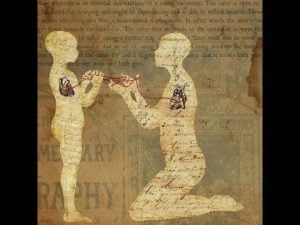 Abstract image: two figures connected by a red thread, symbolizing the ethics of care.