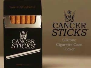 Silicone cigarette case cover, labeled "Cancer Sticks," illustrating a repugnant market.