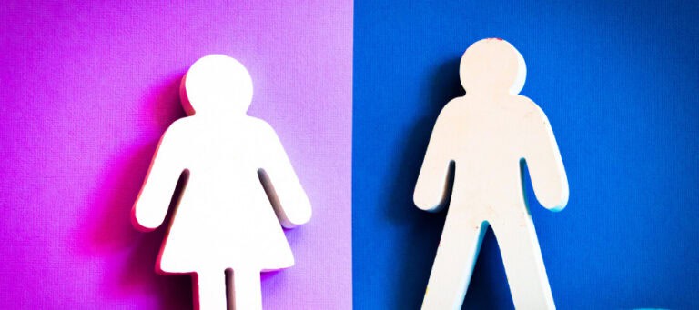 White cutout figures of a woman and man on purple and blue backgrounds.