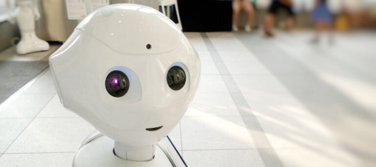 Close-up of a friendly-looking robot.