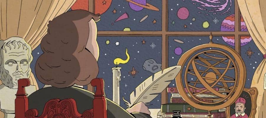 Illustration of a person writing at a desk, gazing at a starry night scene through a window. A celestial sphere and classical busts are nearby.