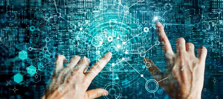 Hands interacting with a digital interface showing complex data streams and network connections, illustrating the concept of dark knowledge.
