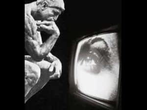 Michelangelo's David contemplating a television screen showing a blurry eye, illustrating "Thinking Inside the Box.
