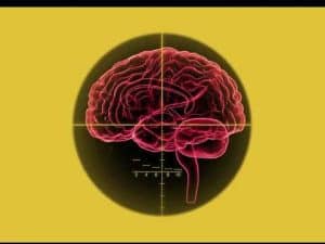 Brain targeted by crosshairs, illustrating the psychology of cruelty.
