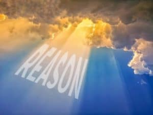Sunbeams break through clouds, the word REASON is prominently displayed.