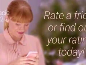 Woman checking phone, rating friends app. Does reputation matter?