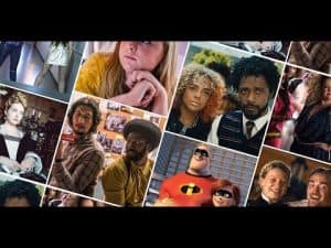 A collage of actors and animated characters nominated for the 2019 Dionysus Awards.