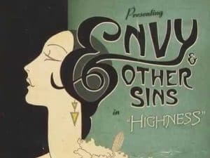 Art Deco illustration of a woman, titled "Envy & Other Sins in Highness