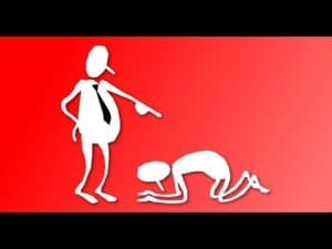 A stick figure boss points at a kneeling subordinate, illustrating authority and resistance.