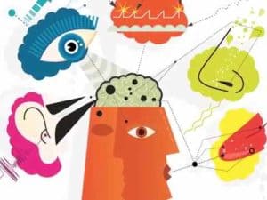 Abstract illustration of brain processing sensory information beyond sight, smell, hearing, taste, and touch; hacking the brain.