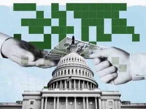 Hands exchanging money over the US Capitol building; questioning the impact of philanthropy on democracy.