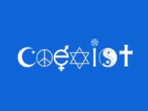Coexist: Religious symbols including a crescent moon, peace symbol, and cross.