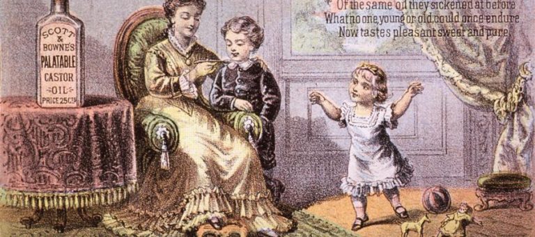 19th-century advertisement for Scott & Bowne's Palatable Castor Oil, showing a mother giving medicine to her children.