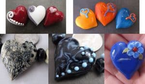Assorted handmade glass heart beads in various colors and styles. Showcasing unique varieties of love.