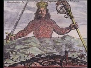 Colossal figure of a king, holding a sword and scepter, overlooking a city; illustrating Hobbes' concept of the ideal citizen.