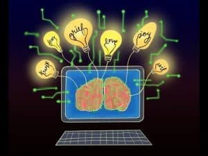 Brain displayed on computer screen, connected to lightbulbs representing emotions like joy, grief, and fear. Conscious machines concept.