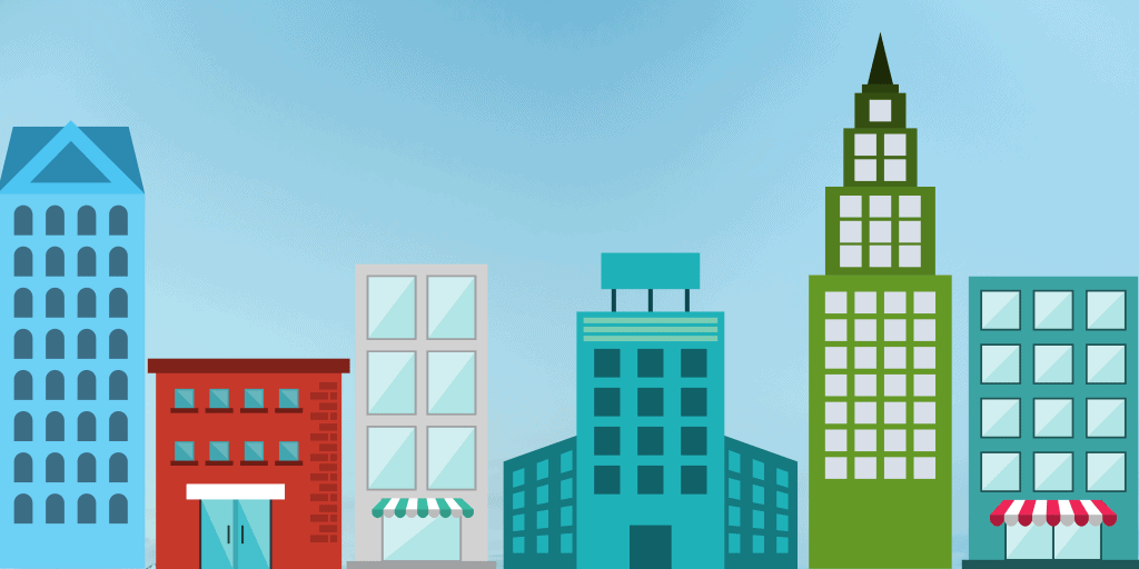 Colorful cityscape illustration featuring various buildings.