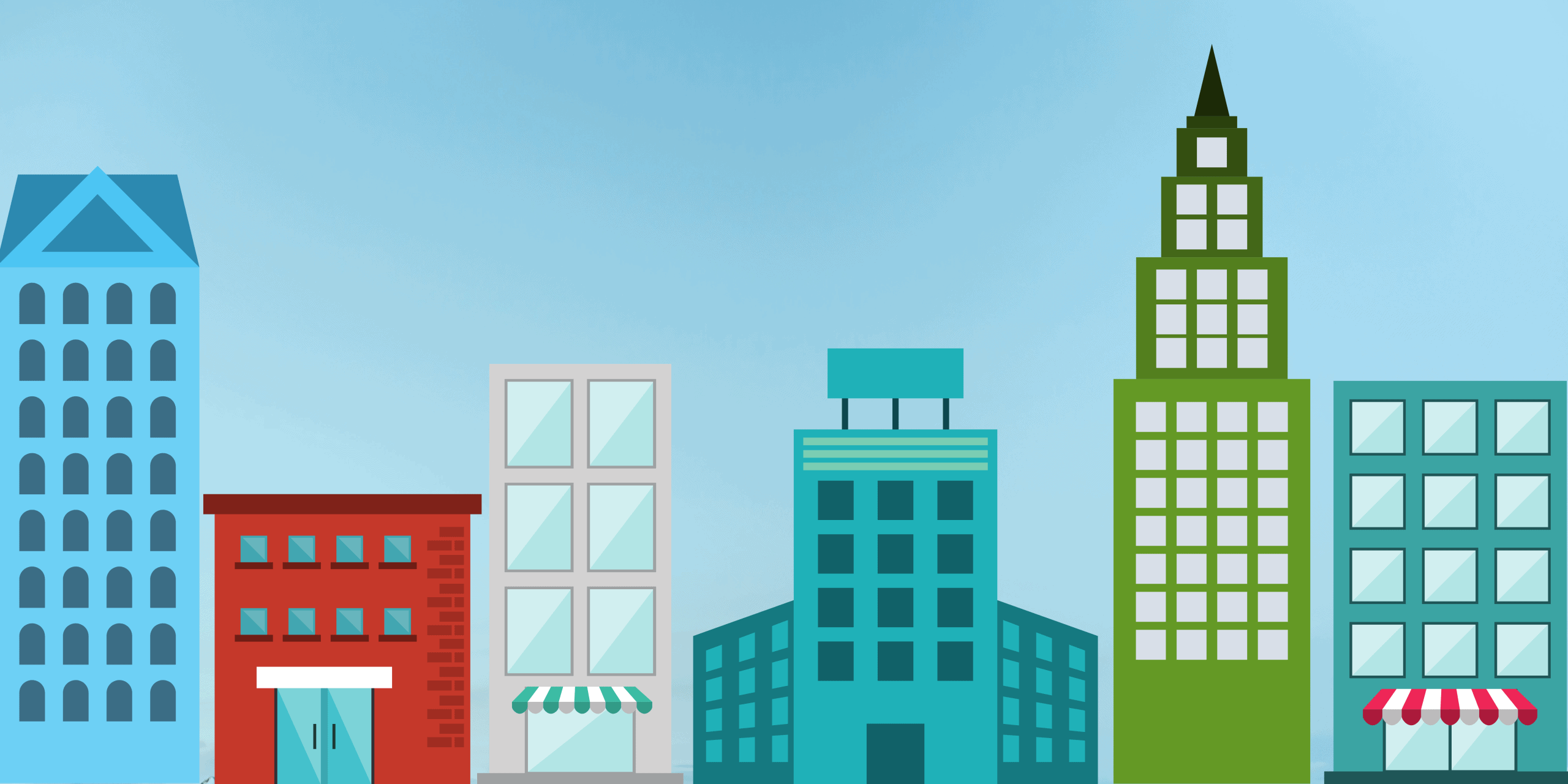 Colorful cityscape illustration featuring various buildings.