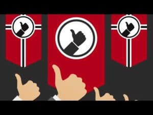 Thumbs up symbols on red and white banners, illustrating the appeal of authoritarianism.