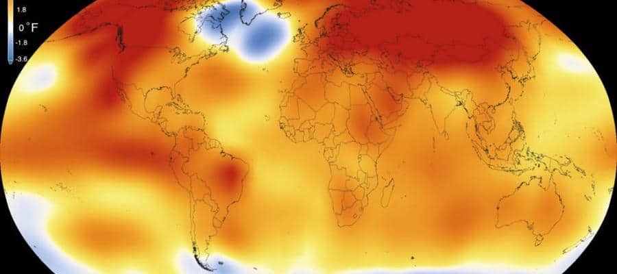 Global temperature anomaly map showing warmer temperatures across much of the planet.